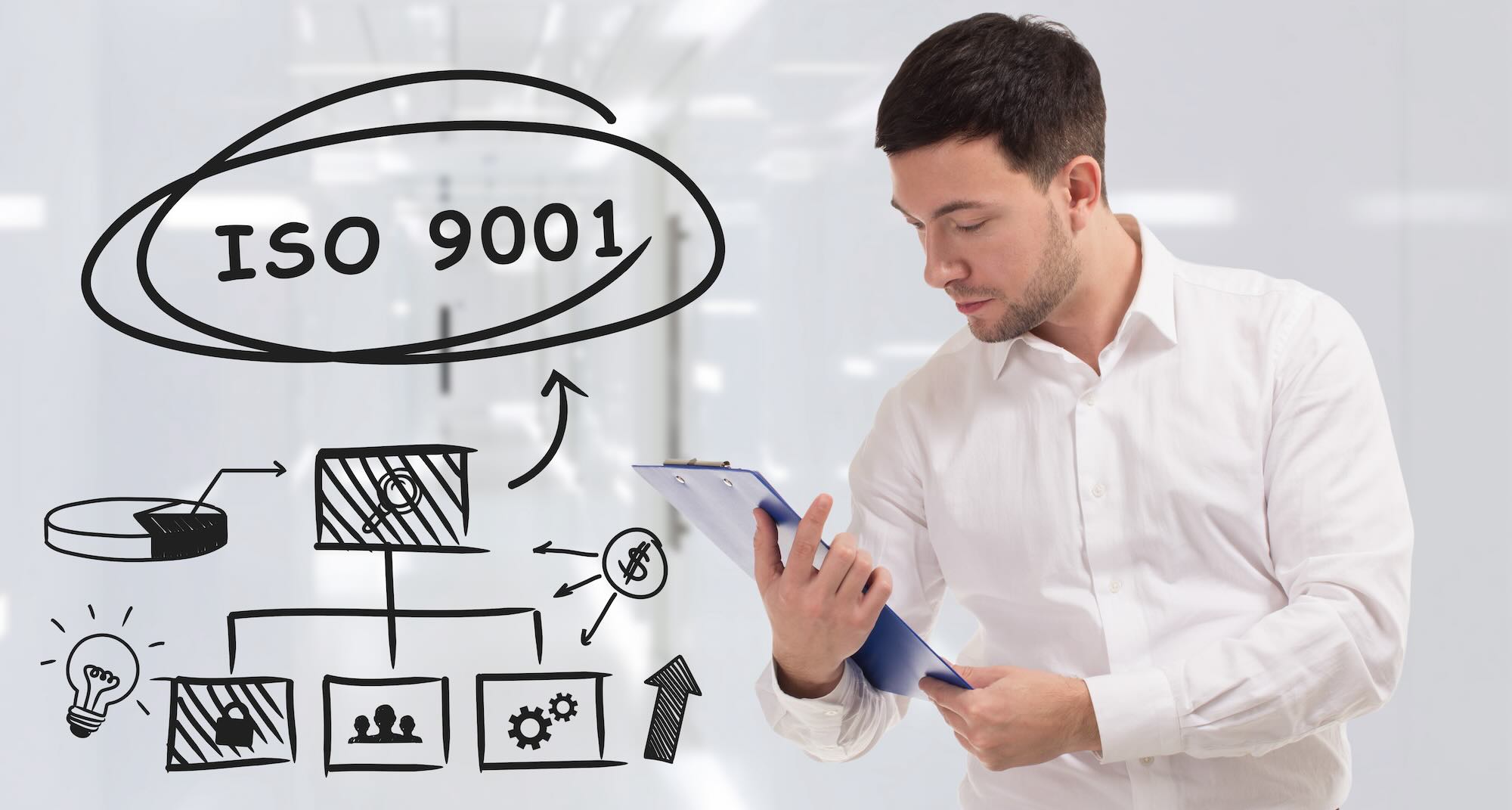 Business, technology, internet and network concept. Young businessman thinks over the steps for successful growth: ISO 9001