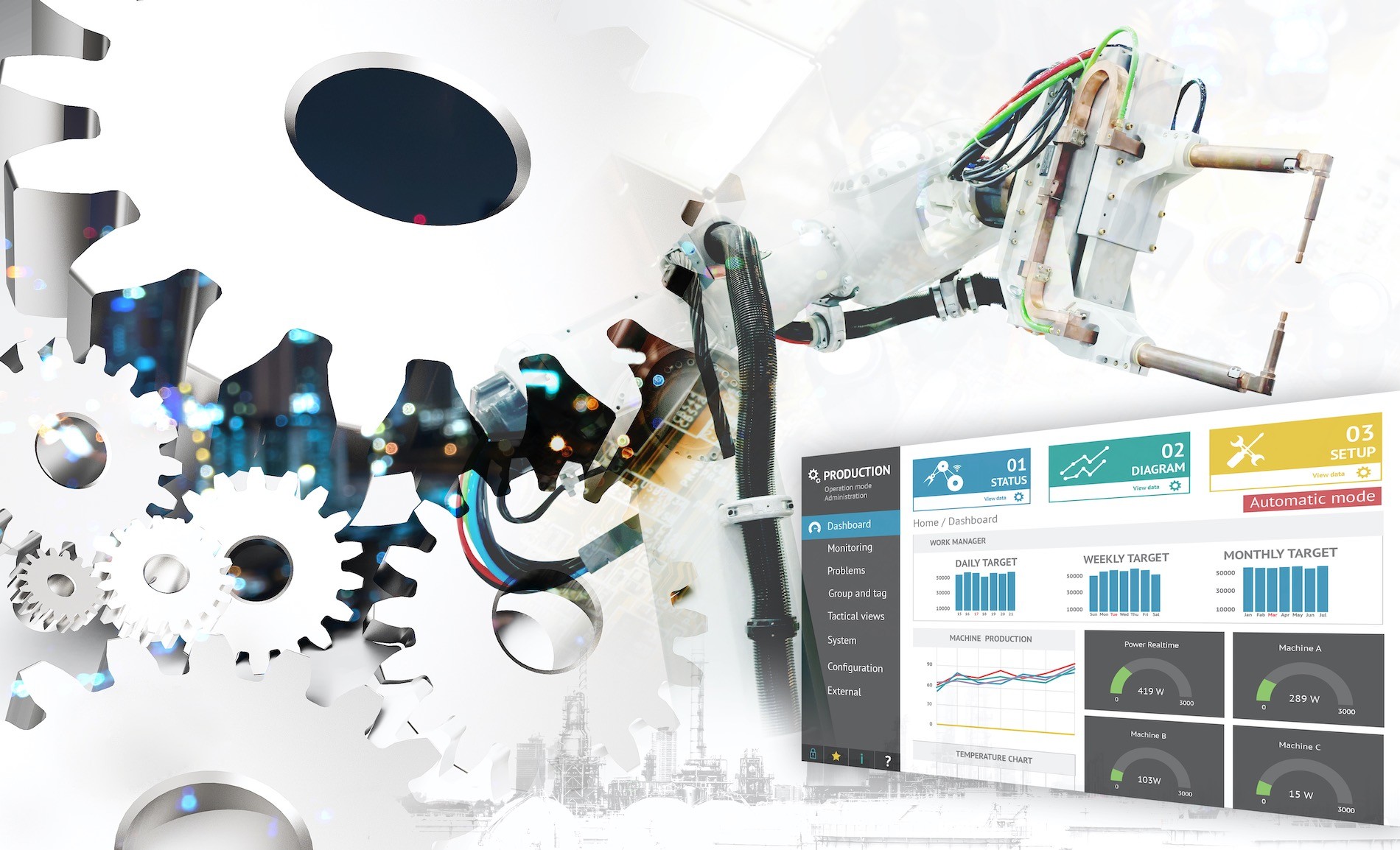 Industrial internet of things 4th concept. 3d Rendering engineer gears , production monitoring application ui dashboard screen for manager. Double exposure of automation machine robot , smart factory.