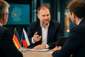 Tomáš Burda při česko-německém obchodním jednání s vlajkami ČR a Německa – specialista na DACH region