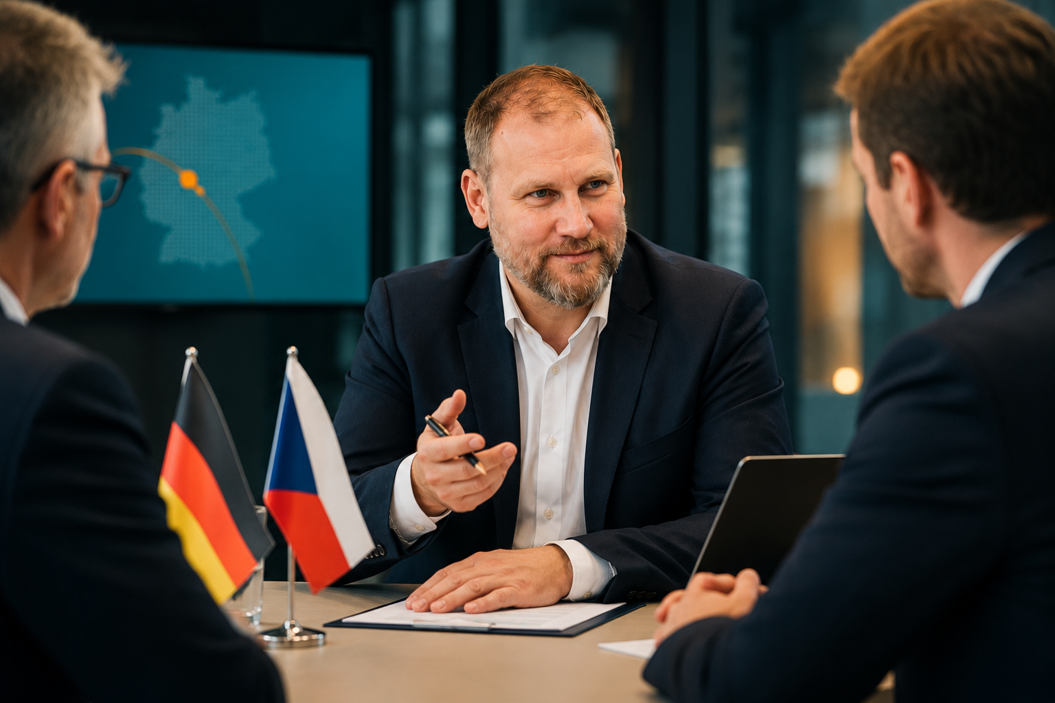 Tomáš Burda při česko-německém obchodním jednání s vlajkami ČR a Německa – specialista na DACH region