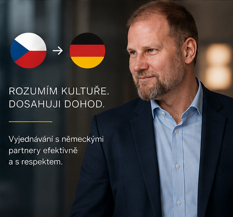 Tomáš Burda při česko-německém obchodním jednání s vlajkami ČR a Německa – specialista na vyjednávání v DACH regionu