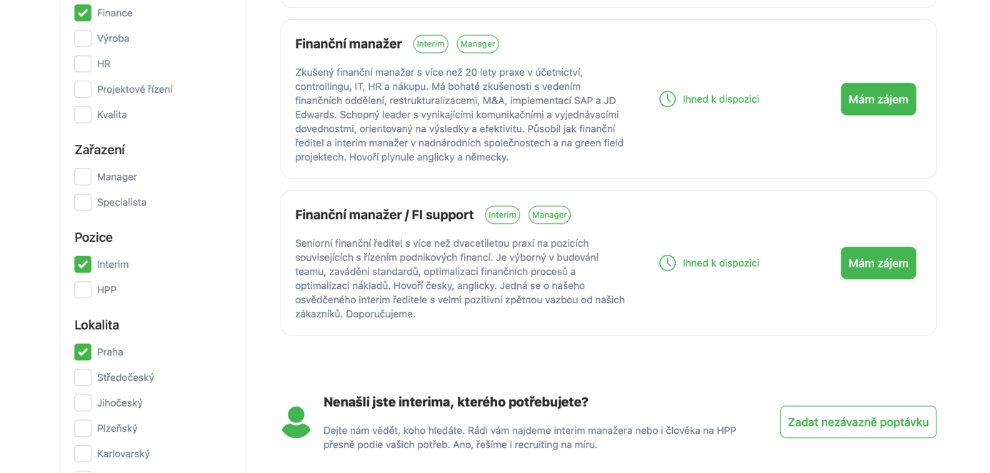 Online katalog interim manažerů ve financích, zobrazuje profily a možnosti okamžitého kontaktu.