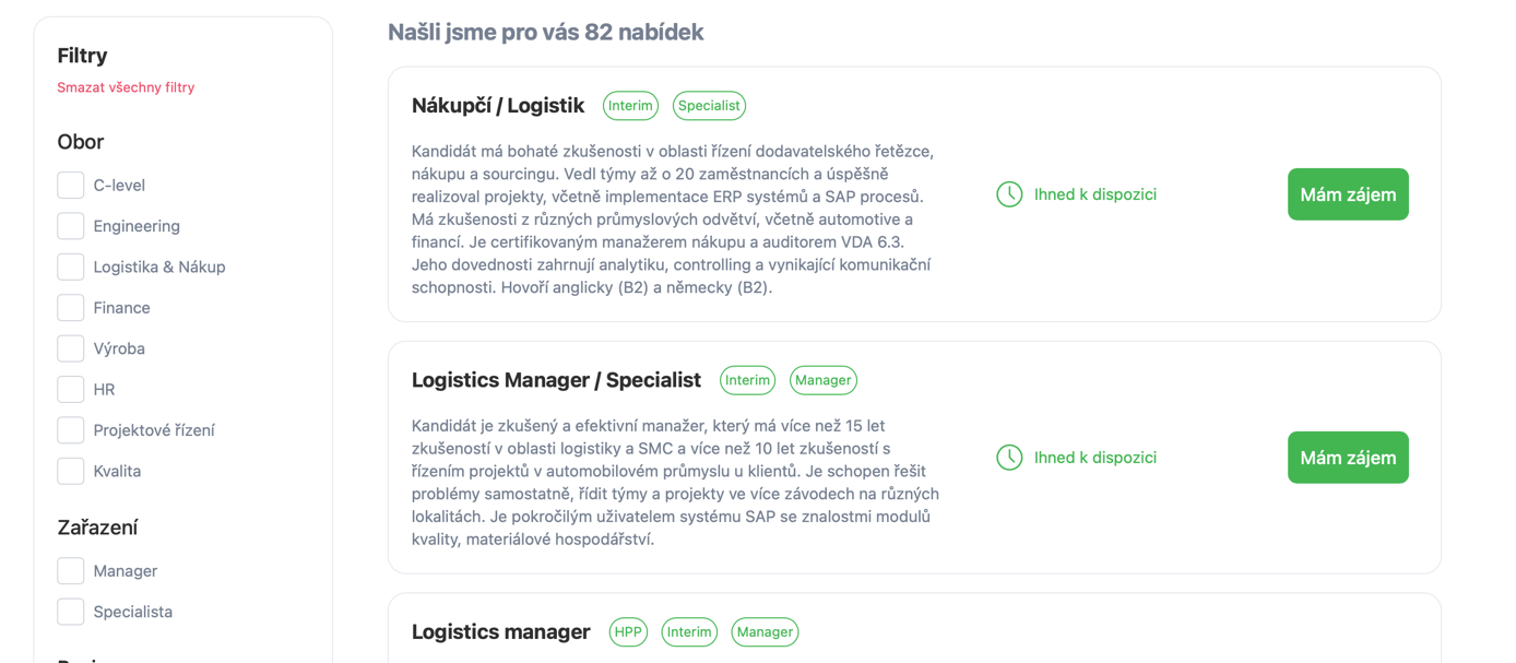 Seznam pracovních nabídek interim manažerů v oblasti logistiky a nákupu, zobrazený v online katalogu.