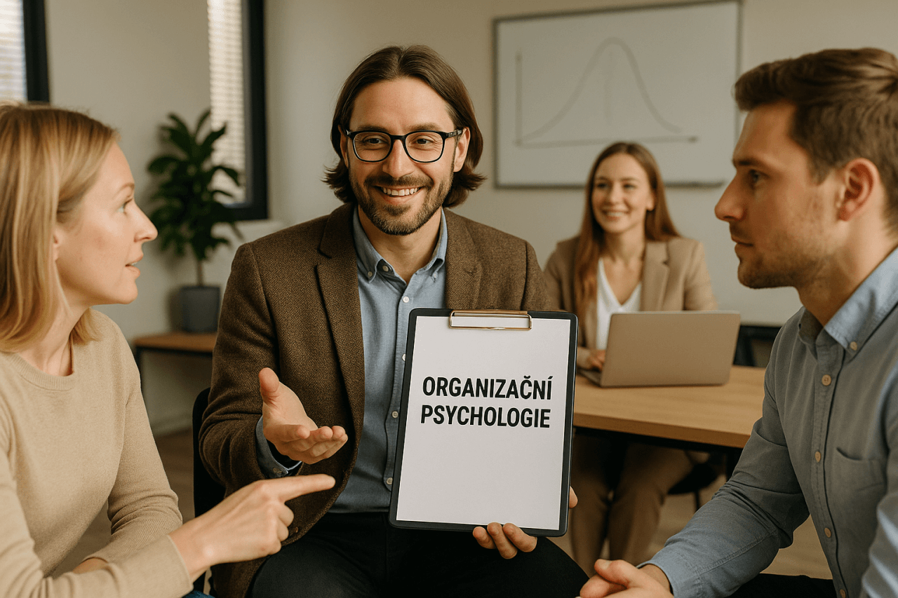 Tým manažerů při konzultaci, muž drží tabulku s nápisem „Organizační psychologie“, symbol propojení psychologie a firemní efektivity.
