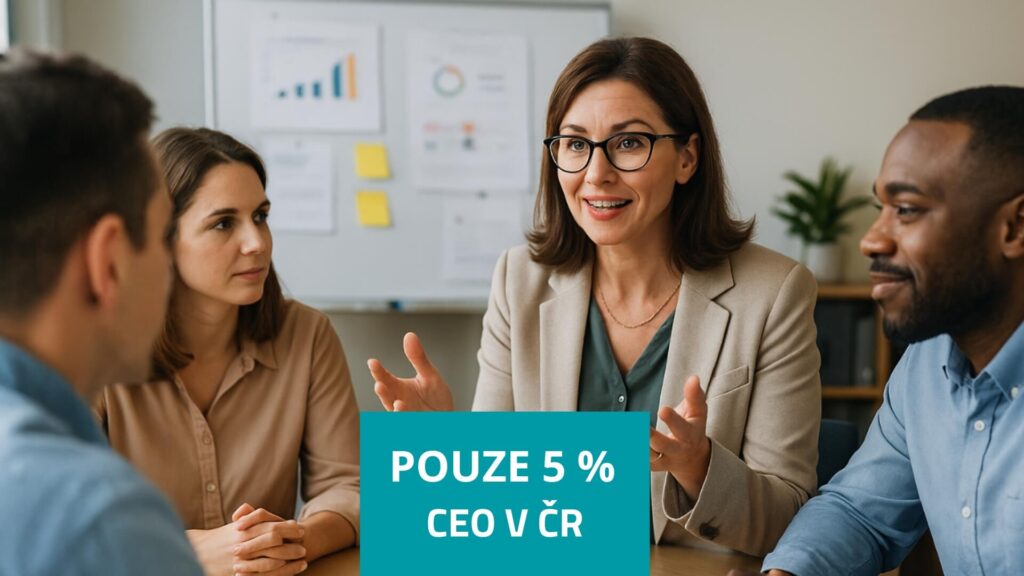 Manažerka diskutuje s týmem u stolu, graf s nápisem „Pouze 5 % CEO v ČR“ vyjadřuje téma rovnosti, leadershipu a firemní kultury.