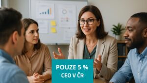 Manažerka diskutuje s týmem u stolu, graf s nápisem „Pouze 5 % CEO v ČR“ vyjadřuje téma rovnosti, leadershipu a firemní kultury.