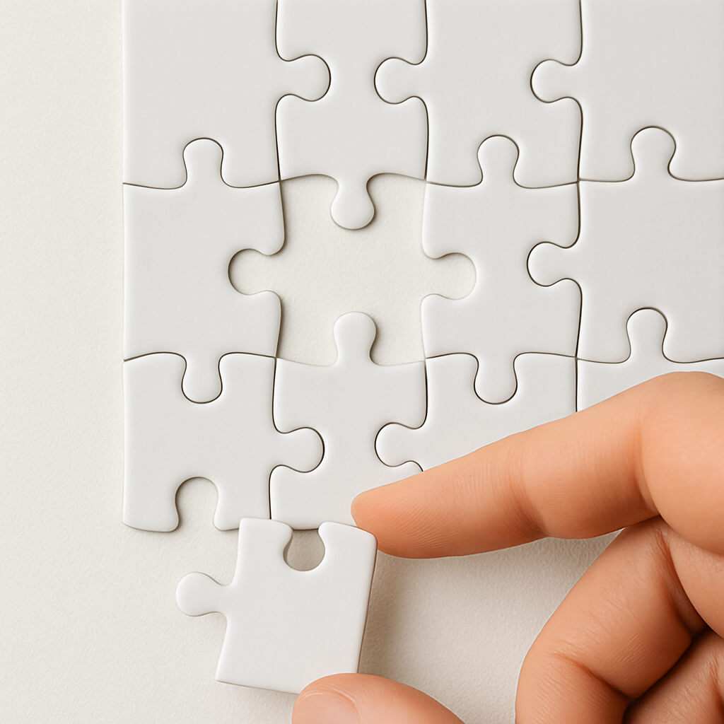 Ruka drží poslední dílek bílého puzzle a vkládá ho do prázdného místa. Symbolizuje obnovu, nalezení chybějící části a znovunalezení sebevědomí.