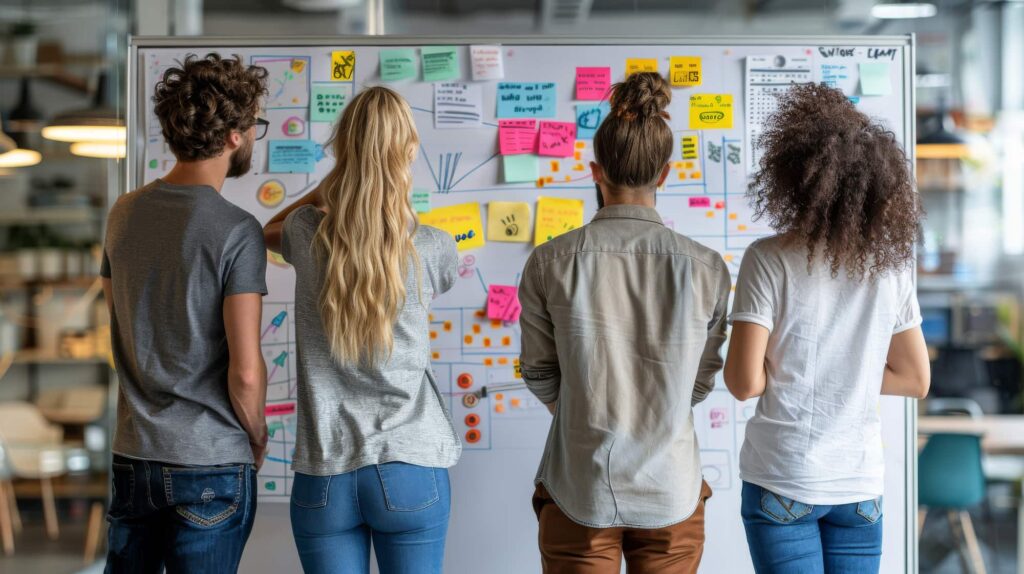 Skupina lidí sleduje tabuli s barevnými sticky lístky a plánem projektu, symbolizují spolupráci a projektové řízení.