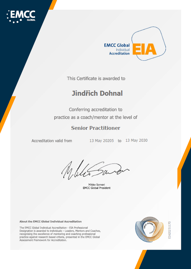 Certifikát EMCC Senior Practitioner udělený Jindřichu Dohnalovi potvrzuje jeho profesionalitu, koučovací praxi a vysoký etický standard.